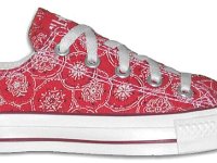 Chucks With Custom Print Pattern Uppers  Side view of a red bandana low cut.