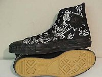Chucks With Custom Print Pattern Uppers  Skateboard print monochrome black high tops, inside patch and sole views.