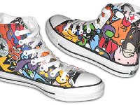 Chucks With Custom Print Pattern Uppers  Angled side views of sticker print high tops.