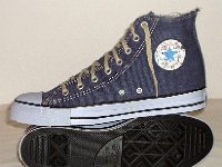 Denim Chuck Taylors  Blue denim high tops, right inside patch and sole views.