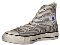 Denim Chuck Taylors  Right inside patch view of a blue and parchment striped denim high top.