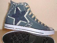 Denim Chuck Taylors  Blue denim graphic star high tops,right outside and sole views.