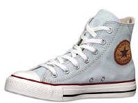 Denim Chuck Taylors  Inside patch view of a right pale blue multicultural high top.