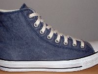 Distressed High Top Chucks  Outside view of a right navy blue distressed high top chuck.