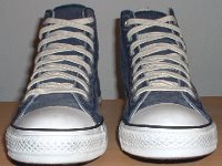 Distressed High Top Chucks  Front view of navy blue distressed high top chucks.