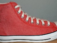 Distressed Red High Top Chucks  Distressed red right high top, outside view.