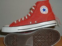 Distressed Red High Top Chucks  Distressed red high tops, outer sole and inside patch views.
