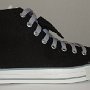 Double Tongue High Top Chucks  Outside view of a right black and gray double tongue high top with gray shoelaces.