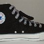 Double Tongue High Top Chucks  Inside patch view of a left black and gray double tongue high top with gray shoelaces.