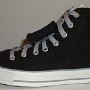 Double Tongue High Top Chucks  Outside view of a left black and gray double tongue high top with gray shoelaces.