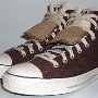 Double Tongue High Top Chucks  Angled side view of brown and tan double tongue high tops.