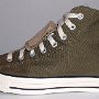 Double Tongue High Top Chucks  Outside view of a left olive and plaid double tongue high top.