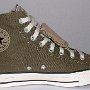 Double Tongue High Top Chucks  Inside patch view of a left olive and plaid double tongue high top.