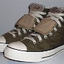 Double Tongue High Top Chucks  Angled side view of olive and plaid double tongue high tops.