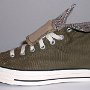 Double Tongue High Top Chucks  Outside view of a left folded down olive and plaid double tongue high top.