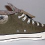 Double Tongue High Top Chucks  Inside patch view of a left folded down olive and plaid double tongue high top.