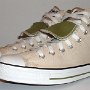 Double Tongue High Top Chucks  Angled side view of tan and olive double tongue high tops.