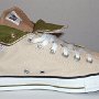 Double Tongue High Top Chucks  Inside patch view of a rolled down left tan and olive double tongue high top.