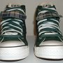 Double Tongue High Top Chucks  Front view of trekking green and plaid double tongue high tops.