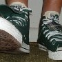 Double Tongue High Top Chucks  Wearing trekking green and plaid double tongue high tops, front view 2.