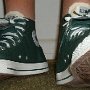 Double Tongue High Top Chucks  Wearing trekking green and plaid double tongue high tops, front view 3.