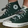 Double Tongue High Top Chucks  Wearing trekking green and plaid double tongue high tops, left side view 1.