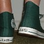 Double Tongue High Top Chucks  Wearing trekking green and plaid double tongue high tops, rear view 1.