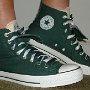 Double Tongue High Top Chucks  Wearing trekking green and plaid double tongue high tops, right side view 1.