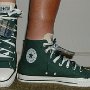 Double Tongue High Top Chucks  Wearing trekking green and plaid double tongue high tops, right side view 2.
