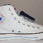 Double Tongue High Top Chucks  Inside patch view of a left white and blue double tongue high top.