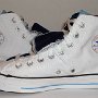 Double Tongue High Top Chucks  Inside patch views of white and blue double tongue high tops.