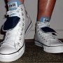 Double Tongue High Top Chucks  Stepping out in white and blue double tongue high tops, front view 2.