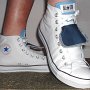 Double Tongue High Top Chucks  Wearing white and blue double tongue high tops, angled front and inside patch views.