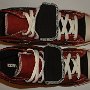 Double Upper High Top Chucks  Top view of black and brick red double upper high tops.