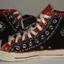 Double Upper High Top Chucks  Inside patch views of black and brick red double upper high tops.