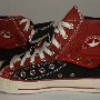 Double Upper High Top Chucks  Inside patch views of folded down black and brick red double upper high tops.