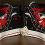Double Upper High Top Chucks  Angled front views of black, red, and milk double upper high tops, with the outer uppers rolled down.