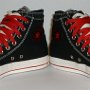Double Upper High Top Chucks  Angled front views of black, red, and milk double upper high tops.
