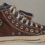 Double Upper High Top Chucks  Inside patch view of a left brown and navy blue double upper high top.