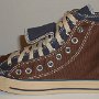 Double Upper High Top Chucks  Outside view of a left brown and navy blue double upper high top.