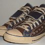 Double Upper High Top Chucks  Angled side view of brown and navy blue double upper high tops.