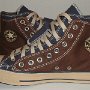 Double Upper High Top Chucks  Inside patch views of brown and navy blue double upper high tops.