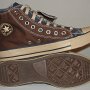 Double Upper High Top Chucks  Inside patch and sole views of brown and navy blue double upper high tops.