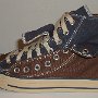 Double Upper High Top Chucks  Outside view of a left folded down brown and navy blue double upper high top.