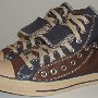 Double Upper High Top Chucks  Angled side view of folded down brown and navy blue double upper high tops.