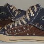 Double Upper High Top Chucks  Inside patch views of folded down brown and navy blue double upper high tops.