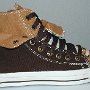 Double Upper High Top Chucks  Outside view of a right chocolate and sienna double upper high top, with the outer upper rolled down.