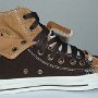 Double Upper High Top Chucks  Inside patch view of a left chocolate and sienaa double upper high top, with the outer upper rolled down.