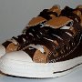 Double Upper High Top Chucks  Angled side view of chocolate and sienna double upper high tops, with the outer upper rolled down.