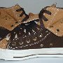 Double Upper High Top Chucks  Inside patch views of chocolate and sienna double upper high tops, with the outer uppers rolled down.